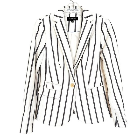 Talbots Jackets & Blazers - Talbots Pinstriped‎ Textured Summer Jacket Blazer Women's 2 Ivory Navy Career